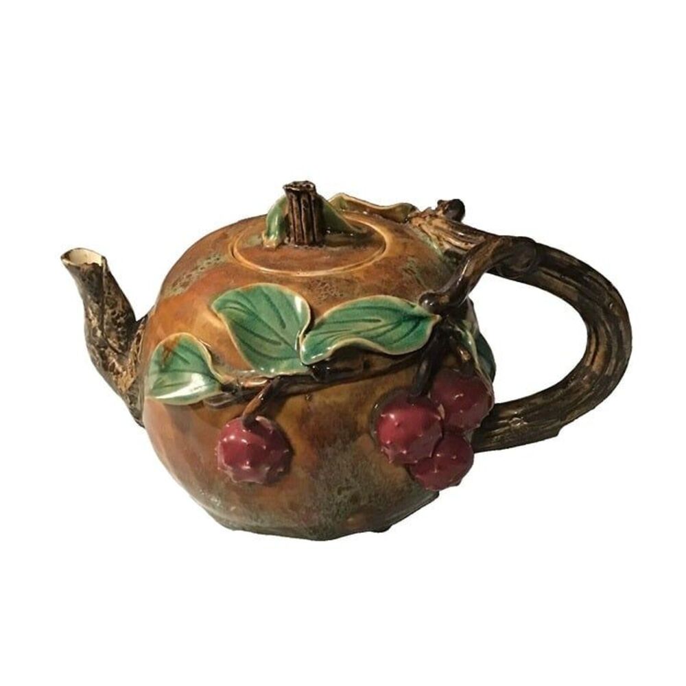 Vintage Majolica Style Ceramic Teapot Hand-Painted 3D Berry & Twig Handle 1970s
